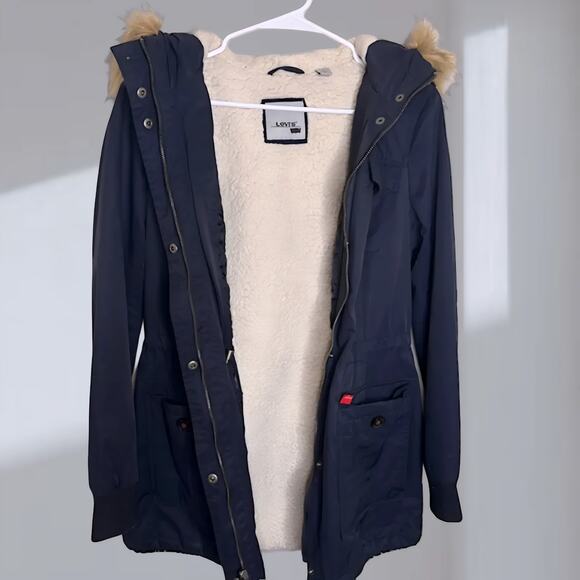 Levi’s Sherpa-Lined Hooded Parka Jacket – Navy Blue (Women’s Small) - Picture 2 of 7